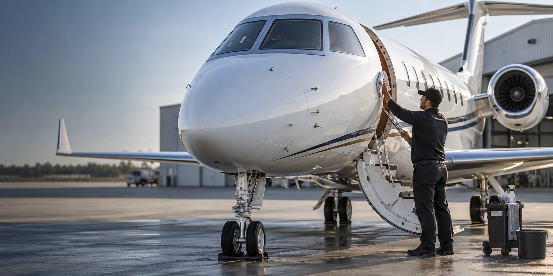 Illustration of a professional cleaning the exterior of a private aircraft